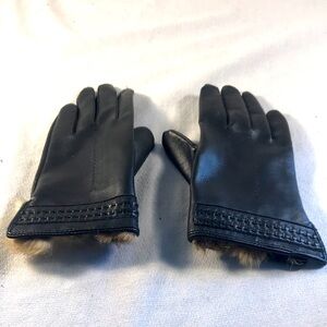 Vintage Rare Women’s Black Leather Rabbit Fur Accented Textured Fur Trim Gloves
